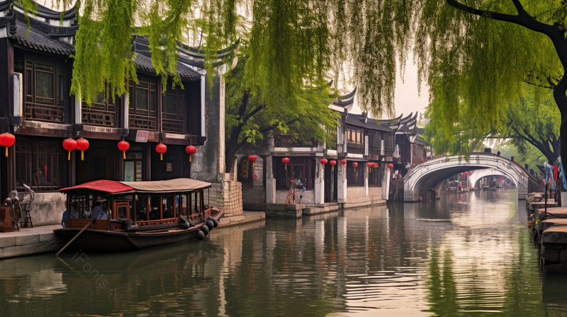 静谧的江南水乡西塘柳树船只背景,高清,摄影图,摄影图片,图片大全,摄影图免费下载